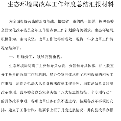 生態環境局改革工作年度總結匯報材料